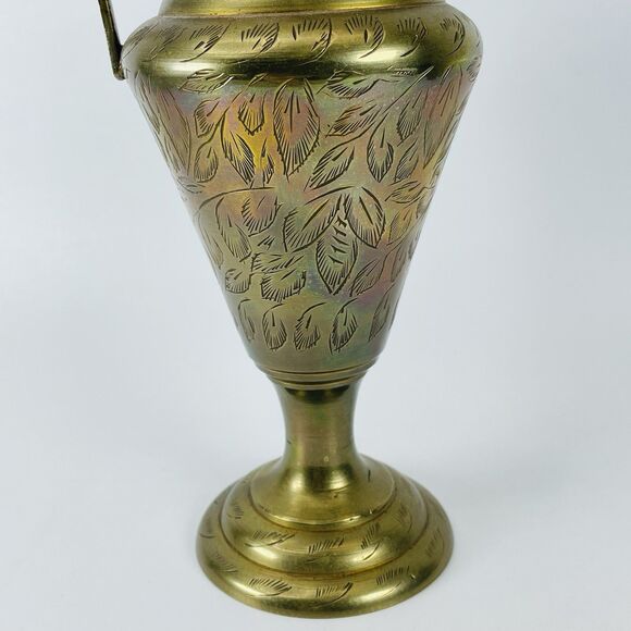 Vintage Etched Brass Ewer Urn Vase Pitcher Jug Cobra Handle Ornate 12in - Picture 2 of 8